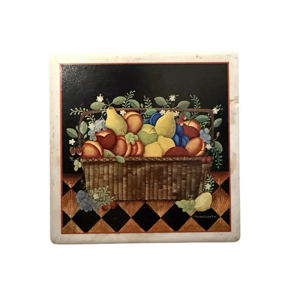 8‎ square coasters folk art-style design of a basket filled with fruit